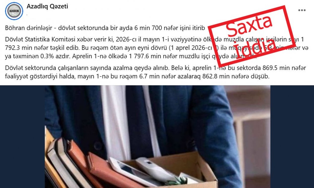 “Azadlıq qəzeti” feysbuk səhifəsinin növbəti saxtakarlığı: Böhran, yoxsa iş yerlərində artım?