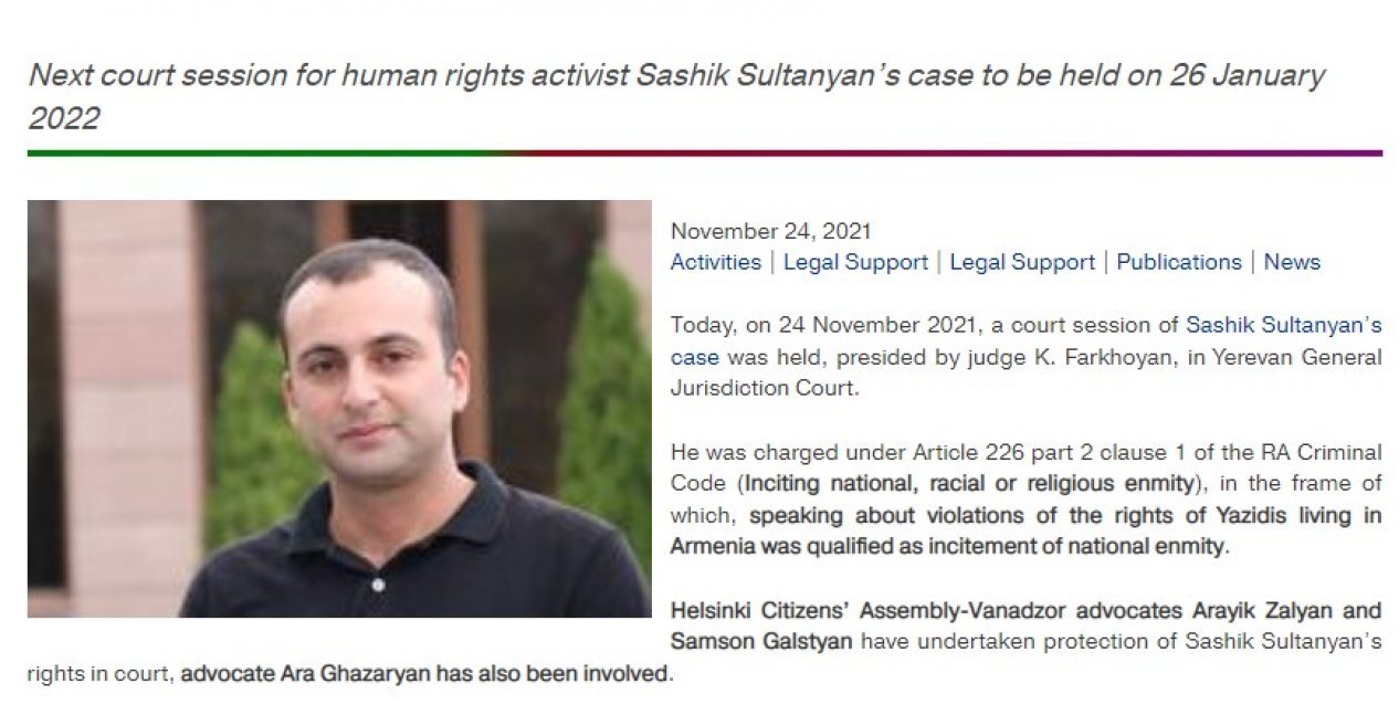 Pressure continues on Yazidi activist Sultanyan in Armenia