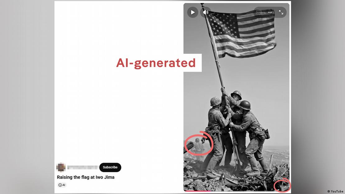 The historic photo of US soldiers raising the flag on the Japanese island of Iwo Jima in 1945 served as the template for an AI video. The AI label is tucked into the watermark, bottom right
