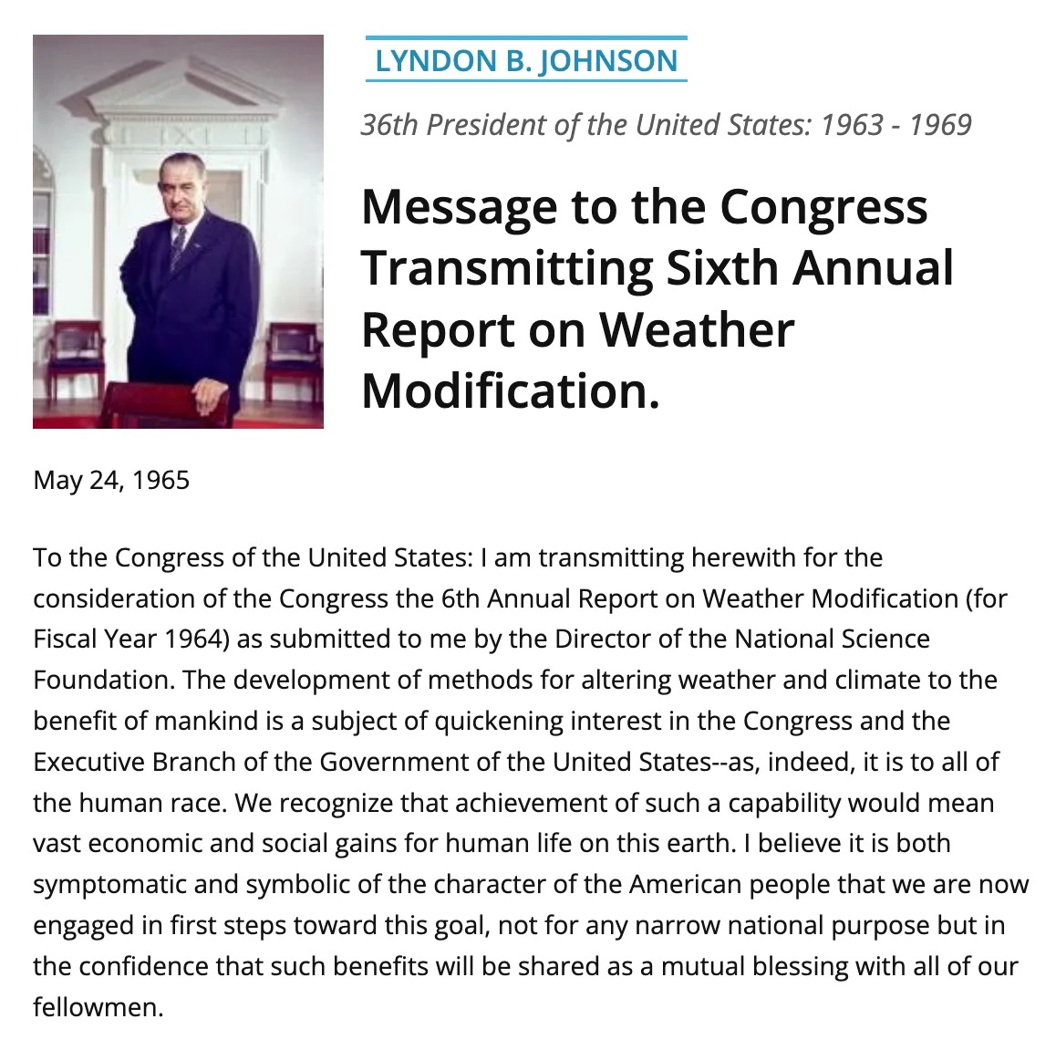 Johnson’ın Kongre’ye 1965’te ilettiği ve çalışmaları desteklediğini aktaran rapor.